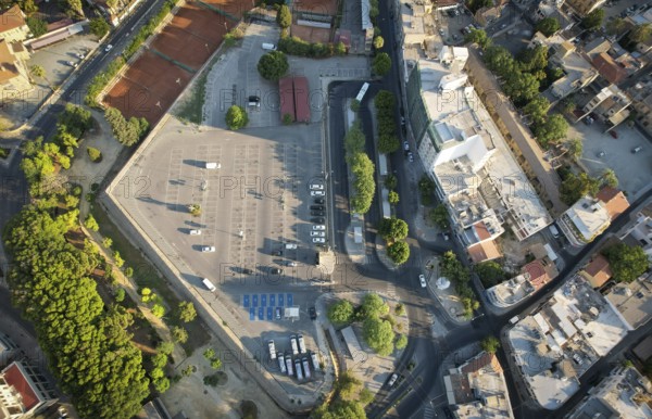 Aerial drone view of a an empty car parking in the center of Nicosia Cyprus