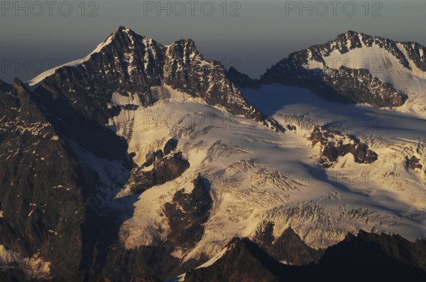 Mönchshut mountain panorama with a view of the melting glaciers and permafrost due to global climate change