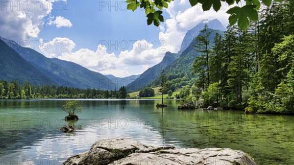 At the beautiful, idyllic Hintersee near Ramsau with a view of the Reiteralpe