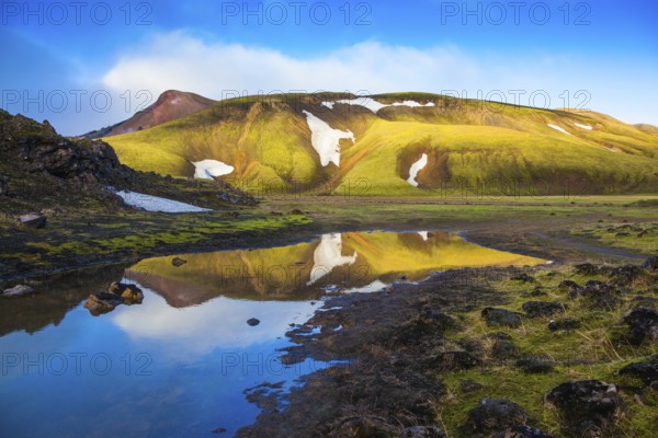 Light golden dawn illuminates the mountains and glaciers national park Landmannalaugar. The sunrise in Iceland