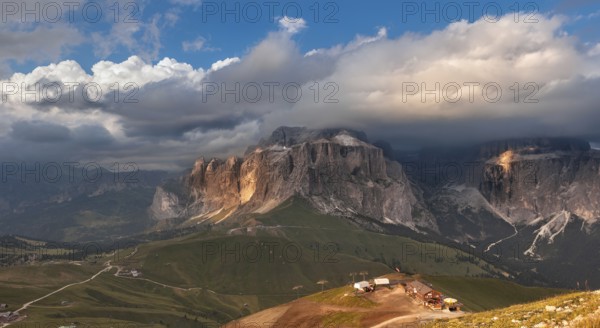 Panoramic view of Sella group mountain, Val di Fassa, Italian Dolomites