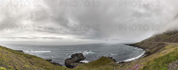 Icelandic Scenery panorama shot at a cloudy day while driving along the Route 1