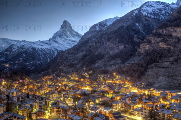Panoramic view of the famous Matterhorn and Zermatt in the Swiss Alps in the evening