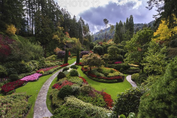 Butchart Gardens - gardens on Vancouver Island. Flower beds of colorful flowers and walking paths for tourists. The world-famous masterpiece of park architecture