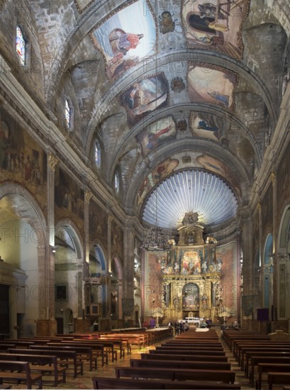 Majorca, Pollenca, Esglesia Nostra Senyora dels Angels, view of the altar, ceiling paintings by Eugen Mosgraber, Atilio Boveri and Joaquin Tudela (20th century), Baroque altar from 1754