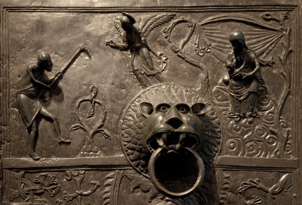 Bernward's door, left wing LIFE OF THE STAMMELTERS and lion as door puller, framed field c. 50x100cm, St., Saint