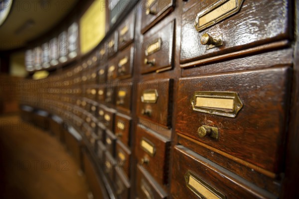 Wooden drawers with metal ornaments in an old-fashioned library. Wooden boxes with index cards in library
