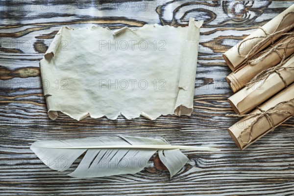 Vintage paper rolls blank document plume on wooden board