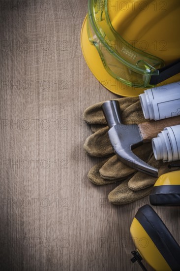 Hammer goggles construction drawings safety cap protective gloves and earmuffs