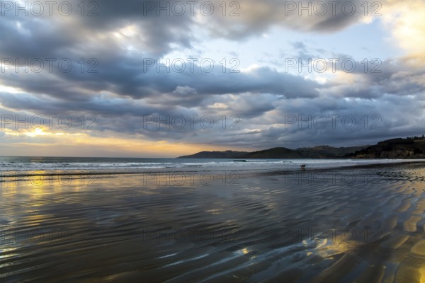 Sunrise over the ocean. Low tide. Strips of sand and water left by the ocean tide. New Zealand, Pacific Coast. The concept of artistic photography
