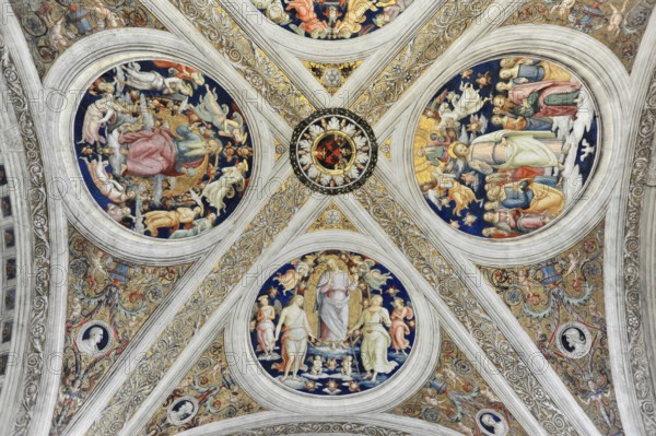 Vatican Museums, Vatican City, Vatican, Rome, Lazio, Italy, Detailed ceiling fresco with angels and saints in an ornate pattern, Vatican, Rome, Lazio, Italy