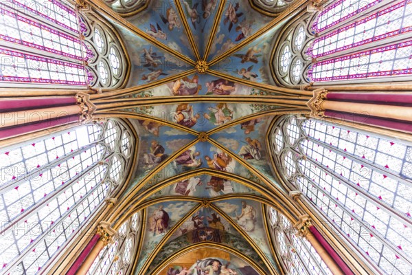 CHAALIS, FRANCE, JULY 24, 2016 : stained glass and frescoes by Primatice, Chaalis chapel, july 24, 2016 in Chaalis, France