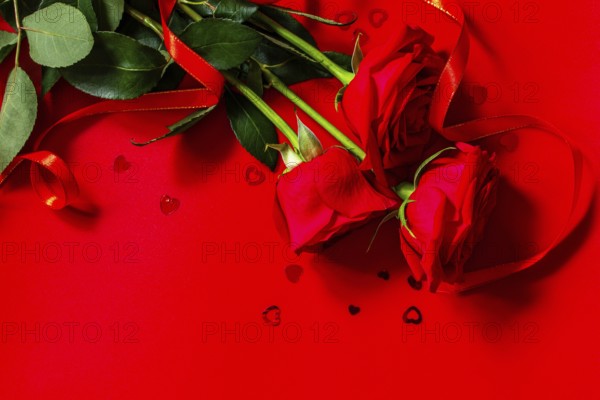Red roses and heart shaped decor on a red background. Copy space for your design or message