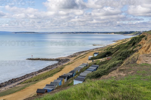 Beach Huts on the Channel Coast in Barton-on-sea, Hampshire, England, UK