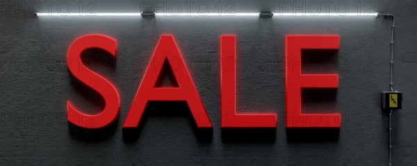 3d illustration of a underground wall with neon lights and word sale