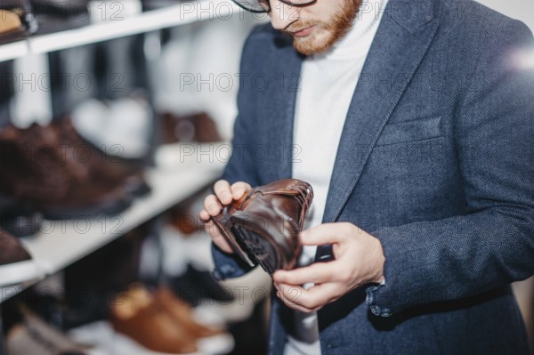 A man inspects a brown leather shoe on a store shelf