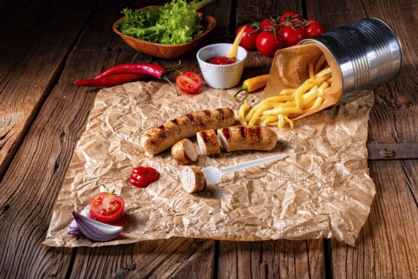 Rustic bratwurst with pommes and hot ketchup
