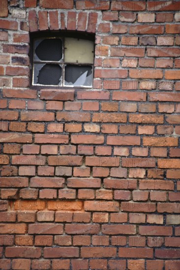 A broken window pane of a disused industrial building