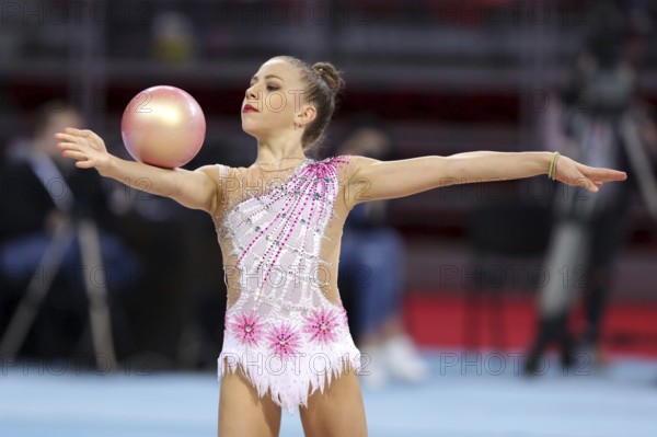 Sofia, Bulgaria - 30 March, 2018: Alina Baklagina Latvia performs with ball during Rhythmic Gymnastics World Cup Sofia 2018. Individual tournament
