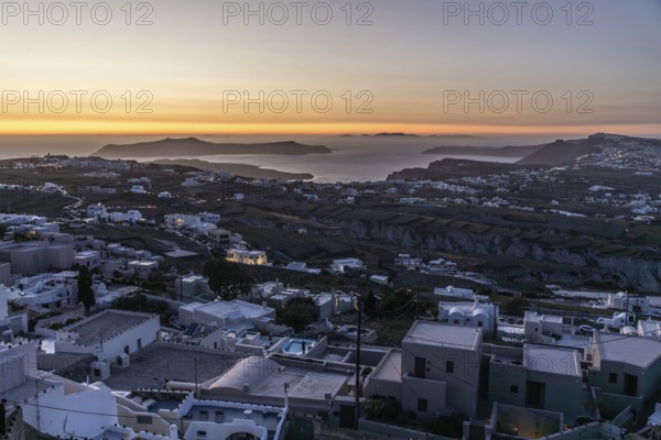 Evening mood after sunset, view from Pyrgos to the archipelago of Santorini, island of Santorini, Cyclades, Greece