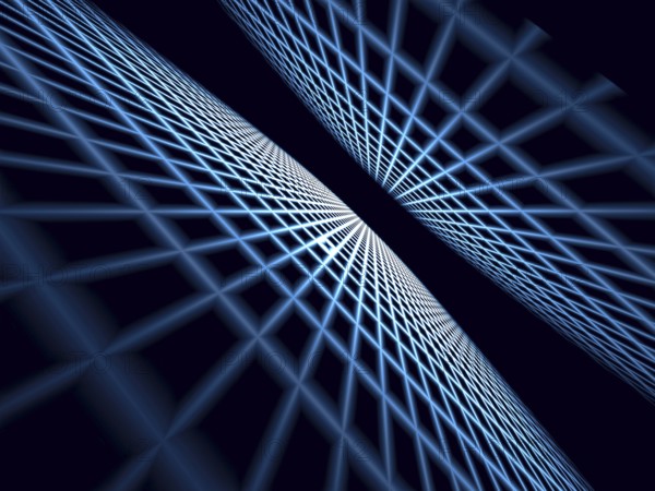 Abstract simple tech background - computer-generated image. Fractal geometry - floor and ceiling, converging to the horizon. Modern backdrop with perspective and grid