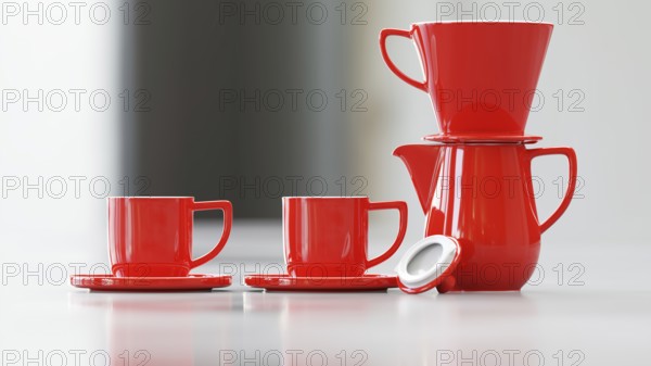 A coffee pot with filter and two cups. 3D illustration