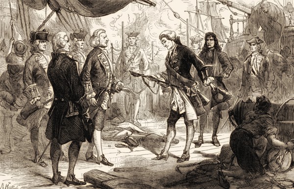 Chevalier de Saint-George of Invincible surrenders his sword to Admiral Anson after the First Battle of Cape Finisterre on14 May 1747, From British Battles on Land and Sea, by James Grant