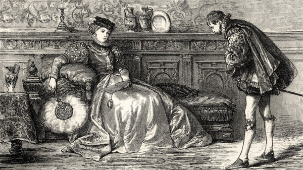 Act III, SCENE I., Palace of the Regent, Margaret of Parma with Machiavel, scene from EGMONT by Johann Wolfgang von Goethe