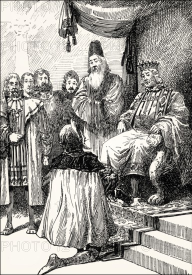 Mephistopheles playing the role of a fool, emperor at the throne, Faust II, first act, by Johann Wolfgang von Goethe
