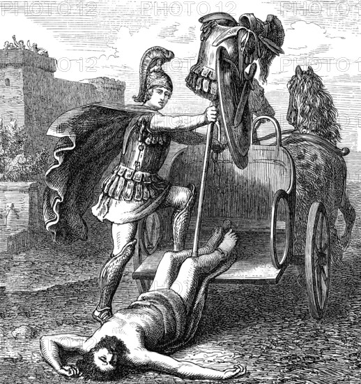 Triumphant Achilles dragging Hector's lifeless body in front of the Gates of Troy, Trojan War