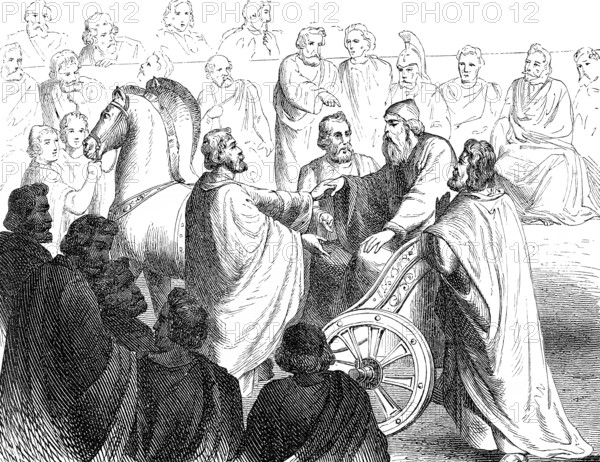 The blind Timoleon, c. 411-337 BC, a Greek statesman and general at Syracuse in the assembly
