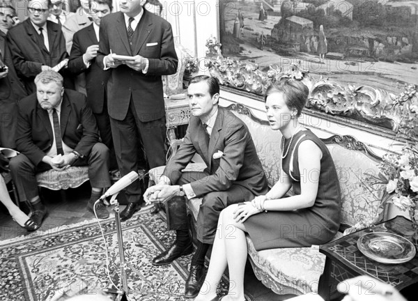 Margrethe II of Denmark. Pictured with Henri de Laborde de Monpezat at Fredensborg palace in Copenhagen in the spring of 1967, where the couple announces their marriage to come on june 10 1967. At this time Margrethe was crownprincess and heir to the throne, she became Queen of Denmark 15 january 1972