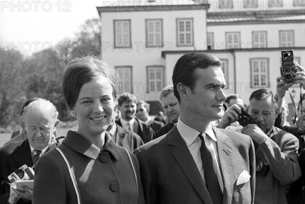 Margrethe II of Denmark. Pictured with Henri de Laborde de Monpezat at Fredensborg palace in Copenhagen in the spring of 1967, where the couple announces their marriage to come on june 10 1967. At this time Margrethe was crownprincess and heir to the throne, she became Queen of Denmark 15 january 1972