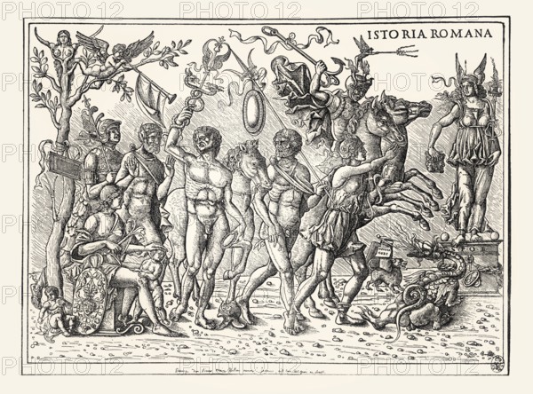 Istoria Romana, Allegory of the Four Cardinal Virtues by Jacob von Straßburg, Jacobus Argentarius, 1500, facsimile of the 19th century