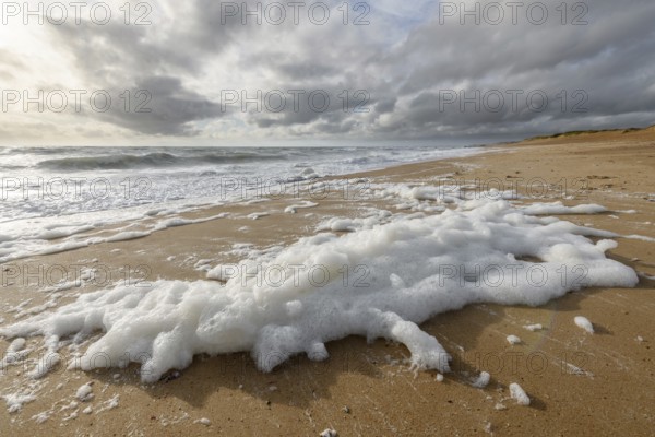Windswept sea foam on a beach in the Atlantic Ocean near Olonne sur mer in France