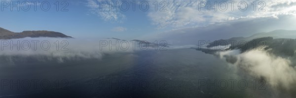 Morning fog over Loch Linnhe at the narrows near Ardgour, drone image, Western Highlands, Scotland, Great Britain