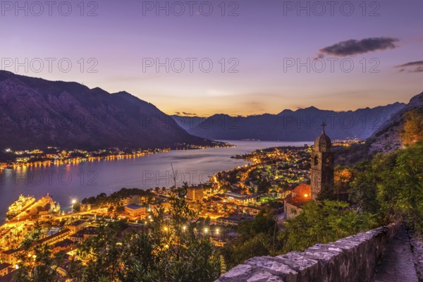 View on Kotor Bay and city from above at sunset, Montenegro