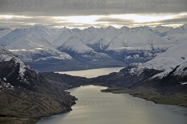 Narrow neck of land separating Lakes Wanaka (at back) and Hawea, Otago, New Zealand