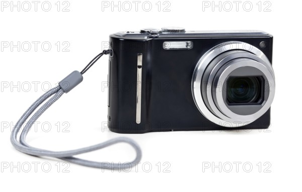 Black camera with sliding lens isolated on a white background