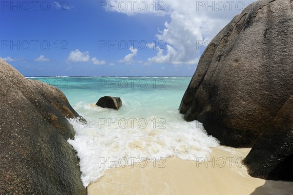 Granite rocks washed out on Anse Source d'Argent beach, Union Estate National Park, La Digue Island, the Seychelles, Indian Ocean