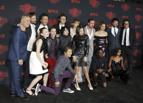 Sadie Sink, Gaten Matarazzo, Millie Bobby Brown, Noah Schnapp, Finn Wolfhard, Joe Keery, Natalia Dyer, Caleb McLaughlin, Dacre Montgomery, Cara Buono and Linnea Berthelsen at the Netflix's season 2 premiere of 'Stranger Things' held at the Regency Village Theatre in Westwood, USA on October 26, 2017