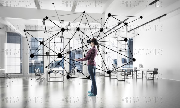 Young woman in casual wearing virtual helmet and working with connection concept. 3d rendering