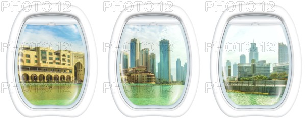 Three plane windows on Dubai skyscrapers skyline, United Arab Emirates, from a plane on the porthole windows. Copy space