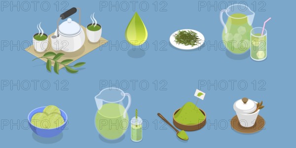 3D Isometric Flat Illustration of Green Tea Collection, Match Beverage Product Elements