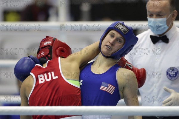 Sofia, Bulgaria - 26 February, 2021: Stoyka Krasteva (RED) of Bulgaria and Virginia Fuchs of USA fight in their semifinal round of Fly (W51kg) category of the 72-nd International Boxing Tournament Strandja 2021, Sofia, Bulgaria