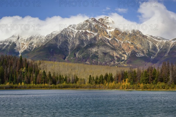 Beautiful autumn landscape scene in mountain in background in Jasper National Park west Canada