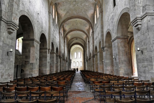 Interior view of the central nave, basilica, monastery church, founded in 1136, Eberbach Monastery, Eltville am Rhein, Rheingau, Hesse, Germany, Large nave with long rows of seats and high vaulted ceiling, Eltville am Rhein, Rheingau, Hesse, Germany
