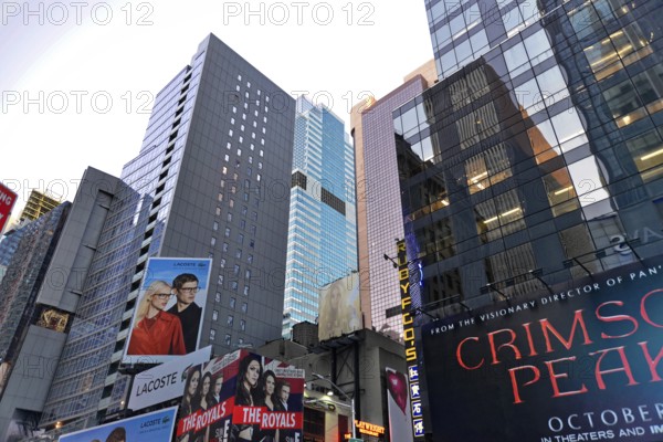Midtown Manhattan, New York City, New York, USA, North America, View of tall buildings with glass facades and large billboards in the city, Manhattan