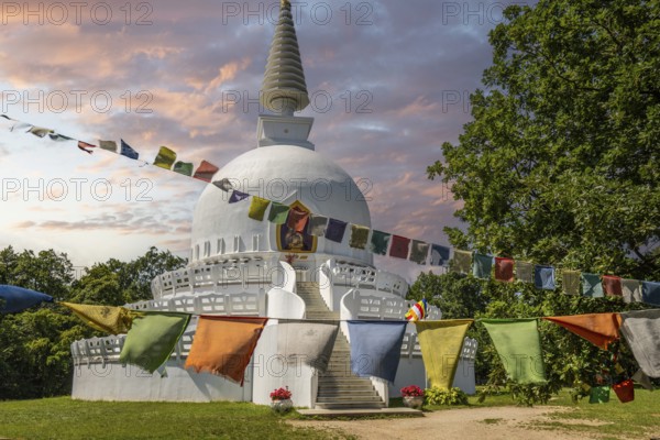 The snow-white peace stupa of Zalaszántó, a Buddhist building and religious centre on Lake Balaton in Hungary