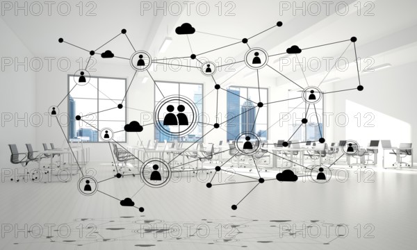 Lines connected with dots as social communication concept in office interior. 3D rendering